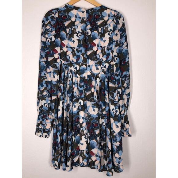 Peter Som Collective Blue Floral Empire Dress Mini Long Sleeves Flutter Hem US 4 - Picture 8 of 11